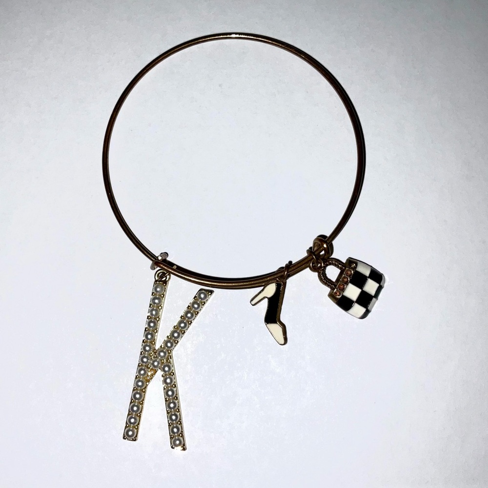 Gold Toned Bangle Bracelet K Initial and Checkered Purse & Spectator Shoe Charms